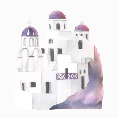 Santorini Kiklad suluboya resim evler