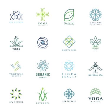 Renkli yoga seti ve spa logo vektörü