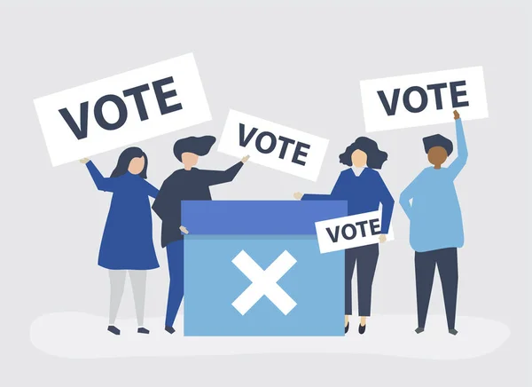 Illustrazione Del Carattere Delle Persone Con Icone Voto — Vettoriale Stock