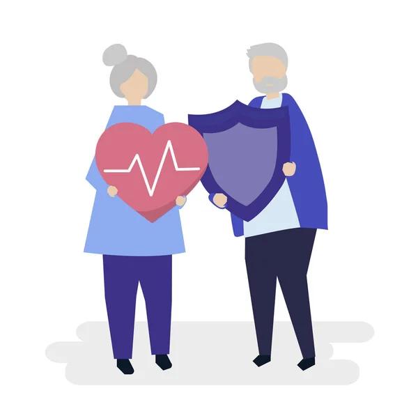 Äldre Par Hålla Sjukförsäkring Ikoner — Stock vektor