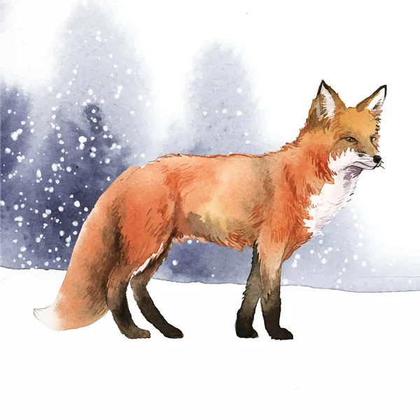 雪水彩风格中的手绘狐狸 — 图库矢量图片