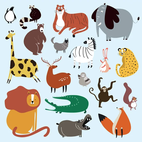 Коллекция Милых Диких Животных Карикатурном Стиле — стоковый вектор