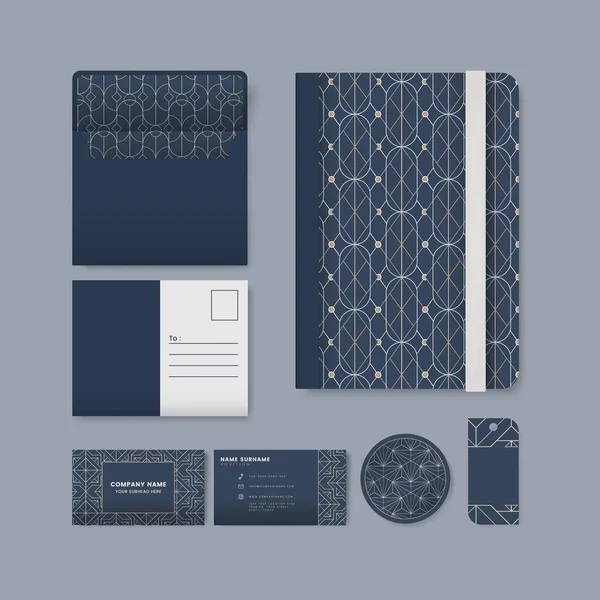 青い表面文房具に白の幾何学的なパターンのセット — ストックベクタ