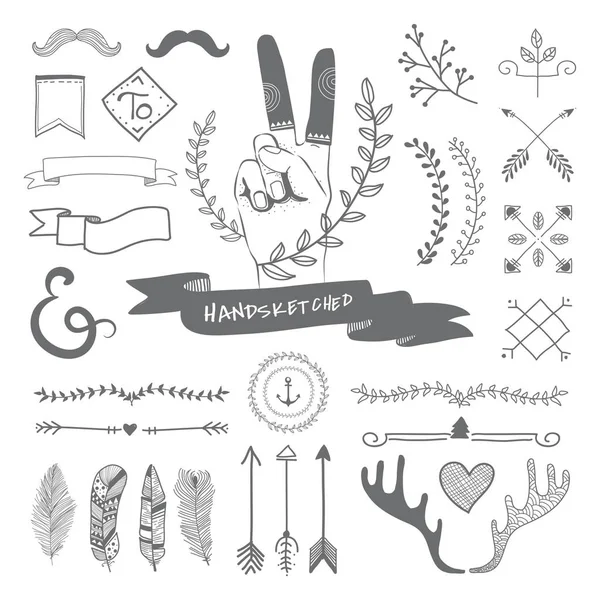 Gray Hand Sketched Badges Banners Ornaments Vector Set — Stock Vector