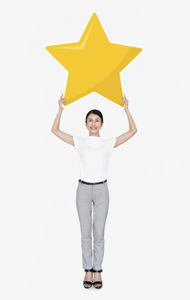 Podnikatelka Drží Symbol Zlatými Hvězdičkami — Stock fotografie