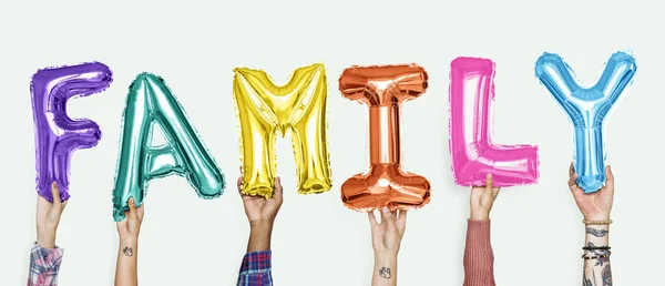 Manos Mostrando Palabra Globos Familiares — Foto de Stock