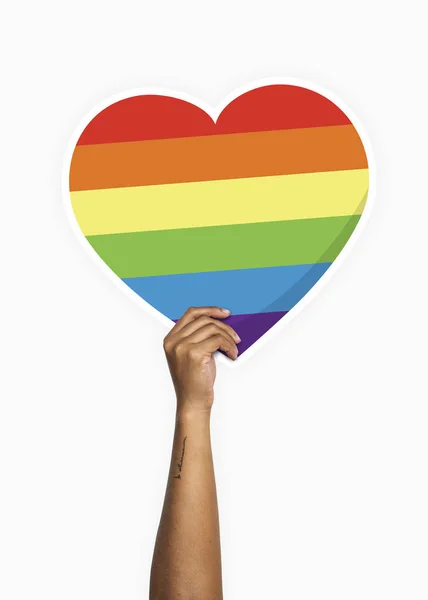 Hand Holding Rainbow Heart Cardboard Prop — Stock Photo, Image