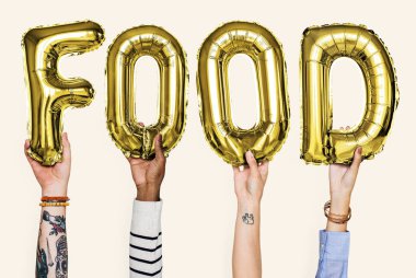 Gıda balonlar kelime gösteren eller