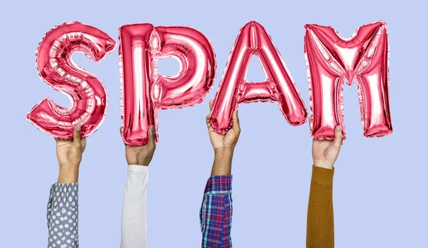 Tangan Memegang Kata Spam Dalam Surat Balon — Stok Foto