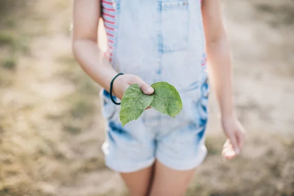 Closeup Girl Holding Leaves Her Hand — Stock Photo, Image