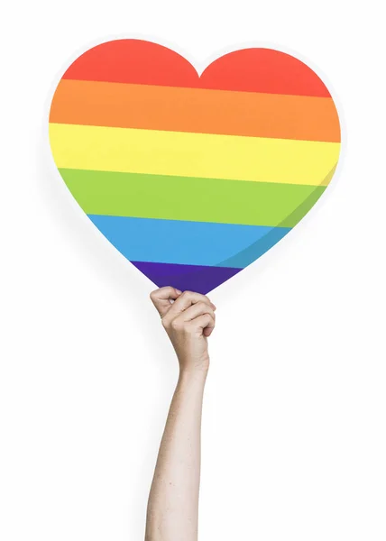 Mano Possesso Cuore Arcobaleno Puntello Cartone — Foto Stock