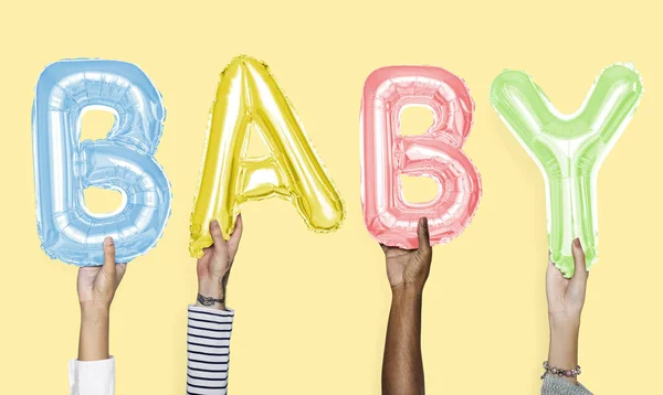 Mãos Mostrando Bebê Balões Palavra — Fotografia de Stock