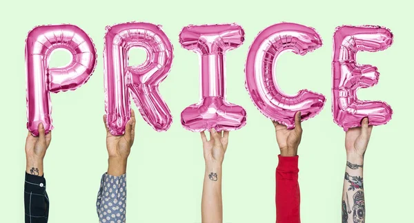 Mãos Segurando Palavra Preço Letras Balão — Fotografia de Stock