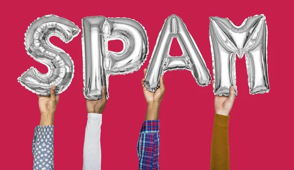 Handen Met Spam Word Ballon Brieven — Stockfoto