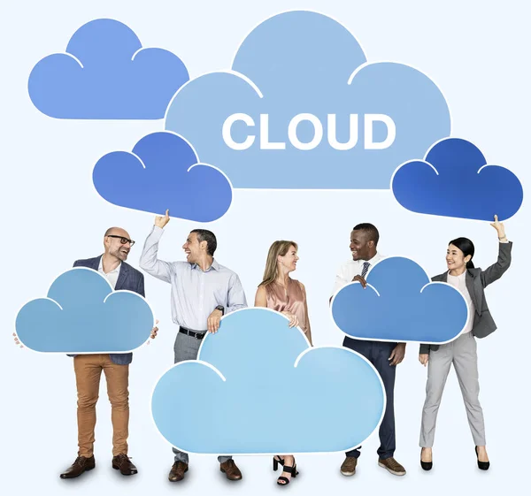 Rozdílní Lidé Drží Cloud Ikony — Stock fotografie