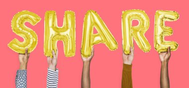 Paylaşım balonlar kelime gösteren eller