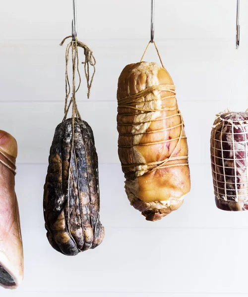 Cured Meat Hanging Deli Shop — Stock Photo, Image