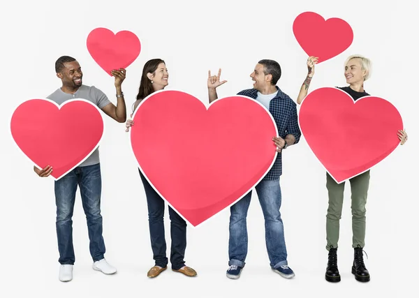 Happy Diverse People Holding Hearts — Stock Photo, Image