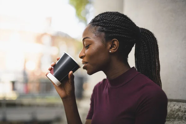 Woman Braids Having Cup Hot Coffee — Stock Photo, Image