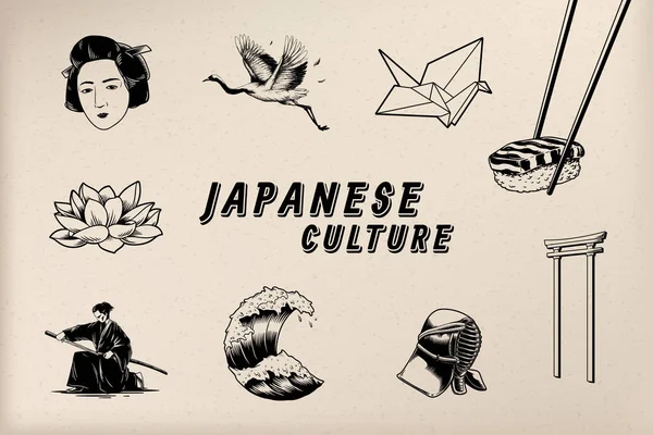 Japonská Kulturní Tradiční Sada Vektorů Symbolů — Stockový vektor