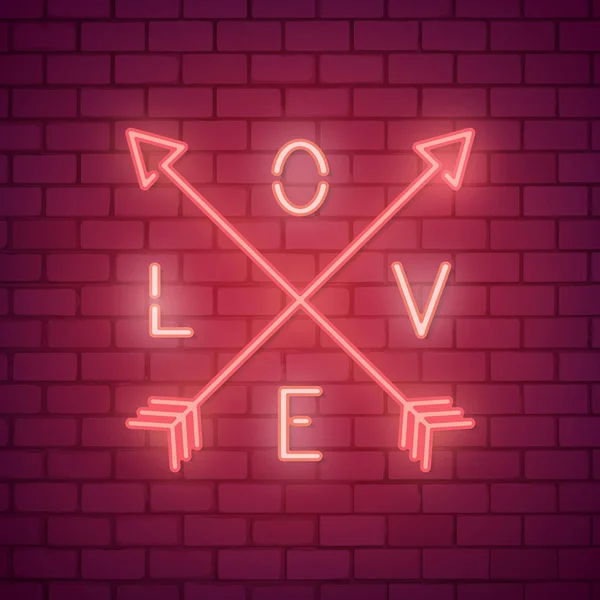 Neon Light Love Word Brick Wall — Stock Vector