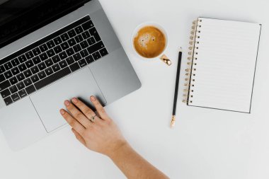 Kadın blogger bir dizüstü bilgisayar kullanarak