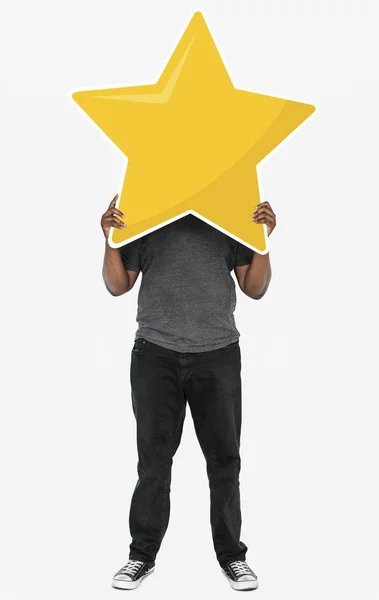 Cheerful Man Holding Golden Star Rating Symbol — Stock Photo, Image