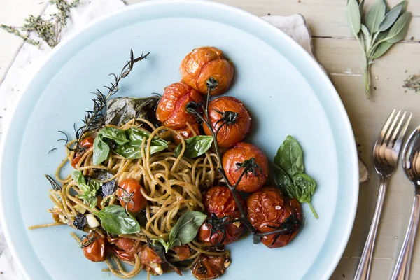 Idea Przepis Fotografia Jedzenie Domowe Spaghetti — Zdjęcie stockowe