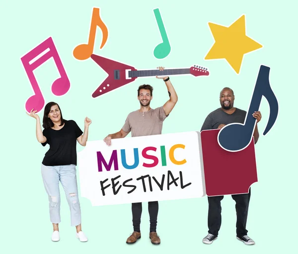 Pessoas Diversa Feliz Segurando Ícones Festival Música — Fotografia de Stock