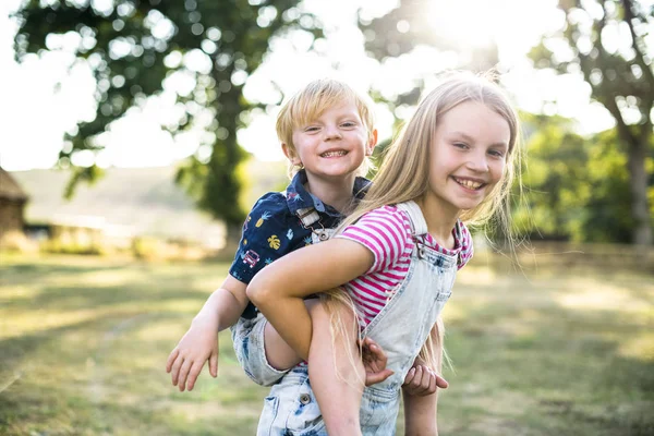 Girl giving her brother a piggyback ride