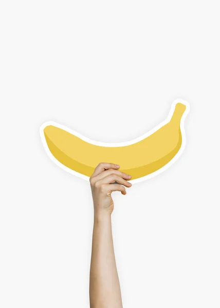 Hand Hält Ein Requisit Aus Bananenkartons — Stockfoto