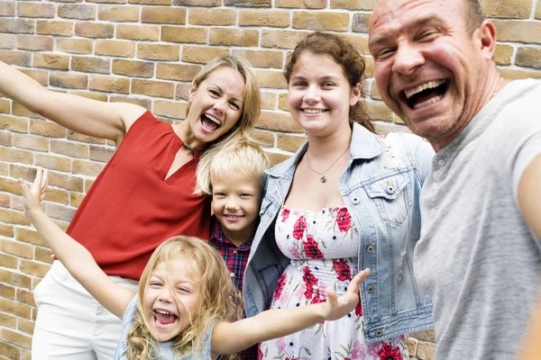 Cheerful Family Taking Selfie Brick Wall — Stock Photo, Image