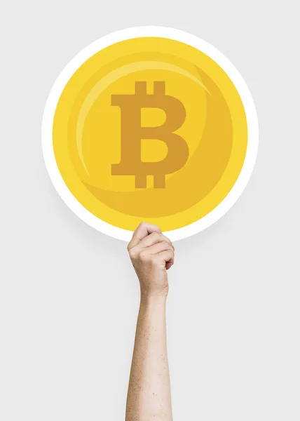 Hand Hält Ein Requisit Aus Bitcoin Pappe — Stockfoto