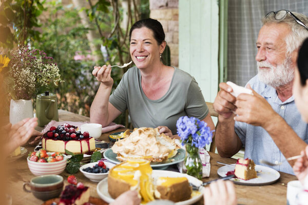 People Enjoying Huge Selection Desserts Table — Stock Photo, Image