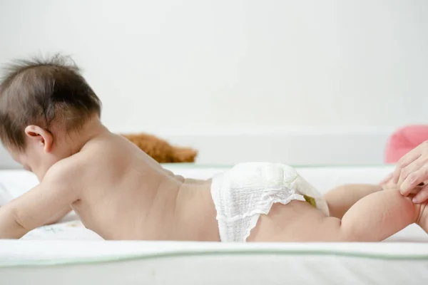 Baby Diaper Lying Her Belly — Stock Photo, Image