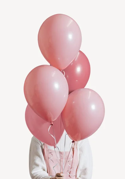 Kvinna Med Pastell Rosa Ballonger Som — Stockfoto