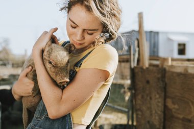 Young volunteer with a piglet, The Sanctuary at Soledad, Mojave clipart