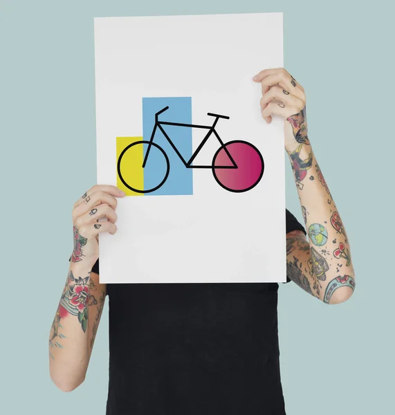 Woman Banner Showing Advertising Bike Icon — Stock Photo, Image