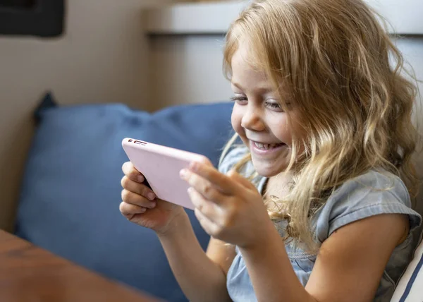 Little Girl Watching Movie Her Phone — Stock Photo, Image