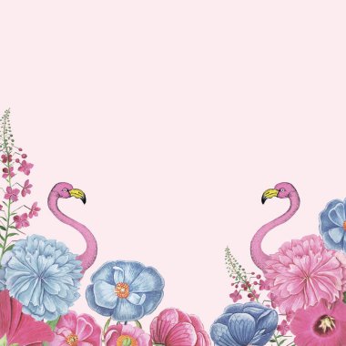 Vintage çiçek ve pembe flamingo kenarlık çerçevesi 