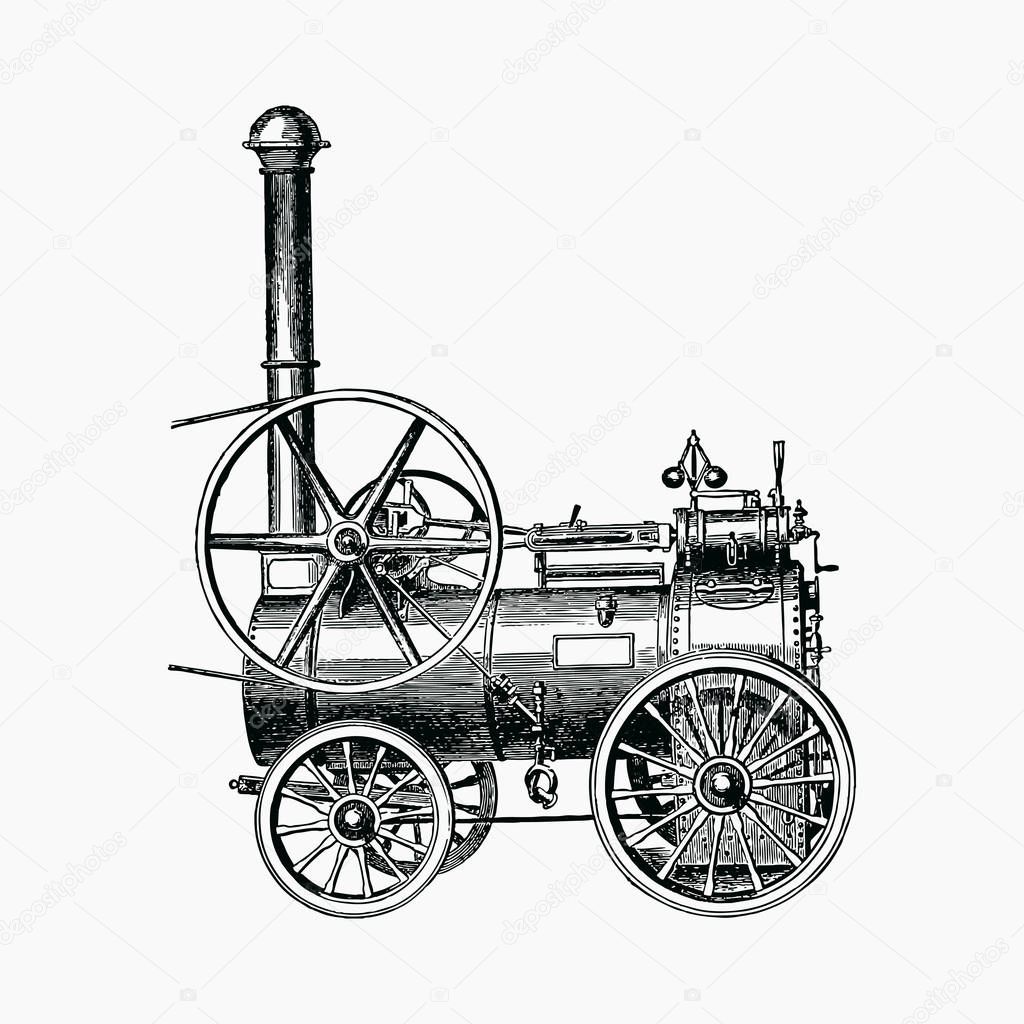 Vintage portable steam engines engraving