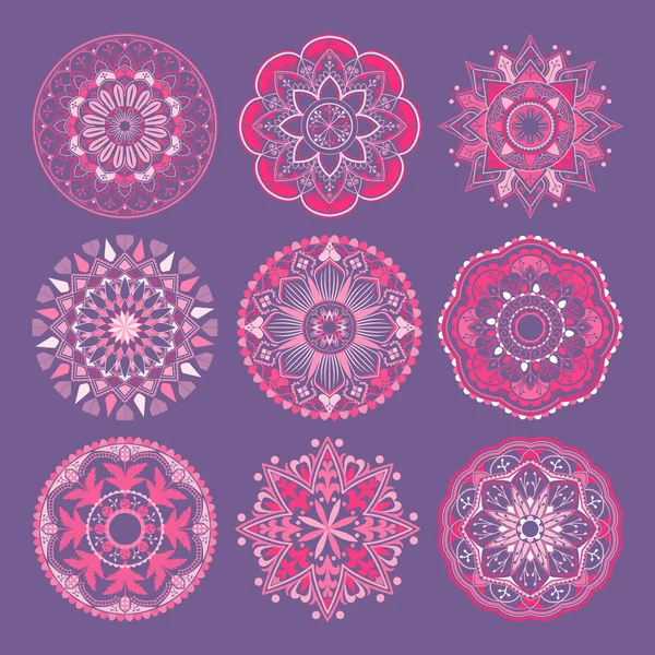 Pink Mandala Patterns Set Purple Background — Stock Vector