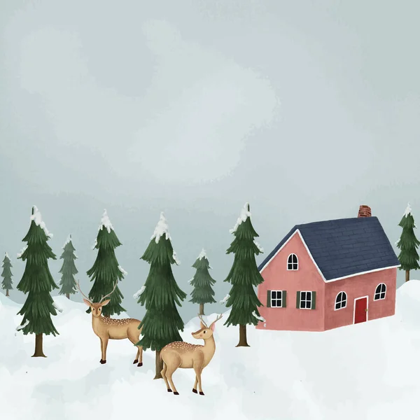 Hand Drawn Fallow Deer Snow Covered Village Royalty Free Stock Vectors
