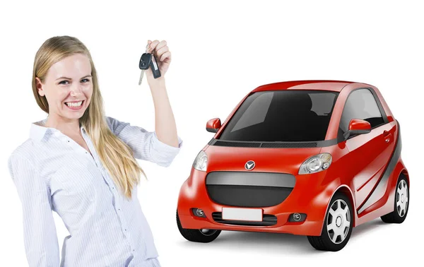年轻女子捧着一把车钥匙和红色汽车在后面 — 图库照片
