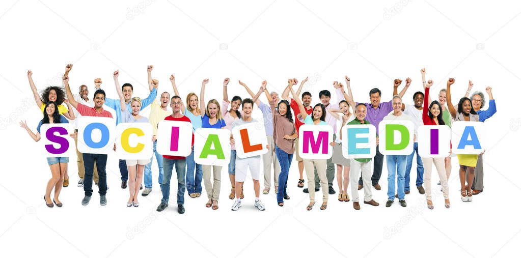 Multi-Ethnic Group of Diverse People Holding Letters To Form A Word Social Media