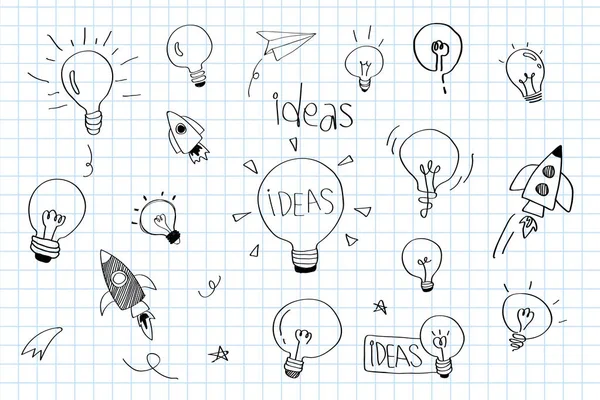 Kreativität Ideen Glühbirnen Kritzeln Sammlung Vektor — Stockvektor
