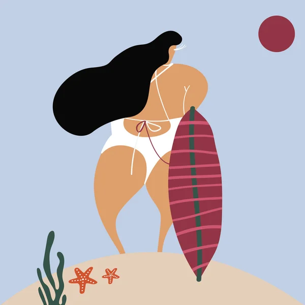 Personnage Féminin Avec Une Planche Surf Vecteur Estival — Image vectorielle