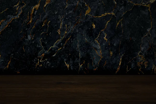 木製の床製品の背景を持つ黒マーブル壁 — ストック写真