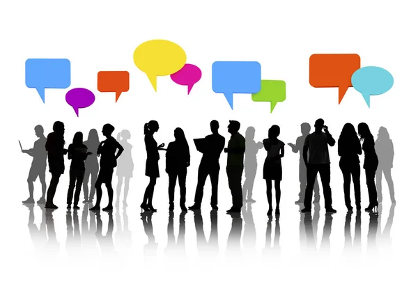 Talking Business People Silhouettes Isolated White Empty Colorful Speech Bubble — Stock Photo, Image