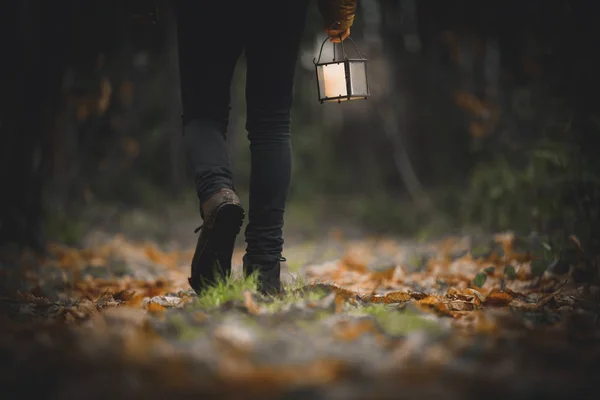 Homem Caminhando Com Uma Lanterna Uma Floresta — Fotografia de Stock